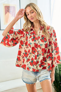 First Love Floral Print Button Down Top in Red/Beige