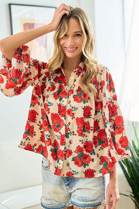 First Love Floral Print Button Down Top in Red/Beige