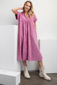 Easel Mineral Washed Solid Color Linen Blend Midi Dress in Orchid ON ORDER
