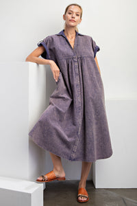 Easel Mineral Washed Solid Color Linen Blend Midi Dress in Midnight Blue