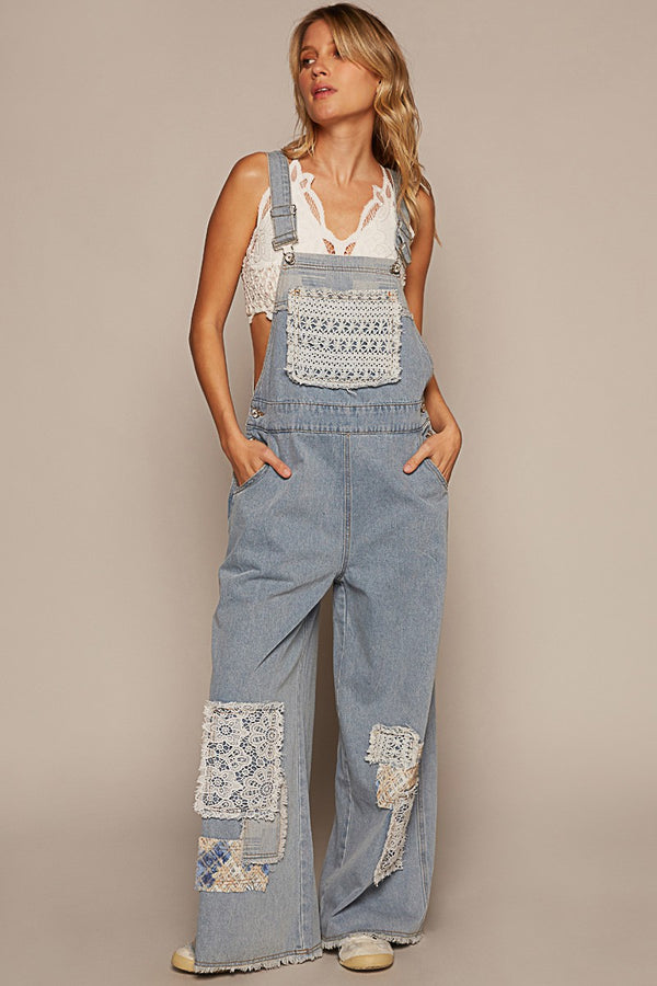 POL Denim Overalls with Crochet Patch Details ON ORDER Overalls POL Clothing   