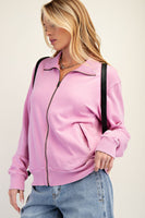 Easel Solid Color Stone Washed Zip Up Jacket in Bubble Gum