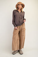 Easel Solid Color Stone Washed Zip Up Jacket in Chocolate
