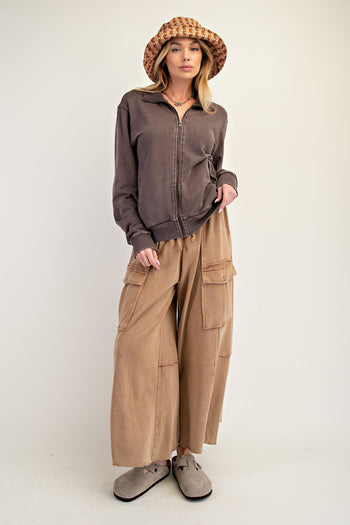 Easel Solid Color Stone Washed Zip Up Jacket in Chocolate