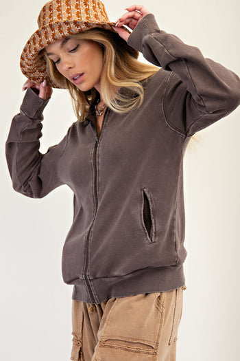 Easel Solid Color Stone Washed Zip Up Jacket in Chocolate