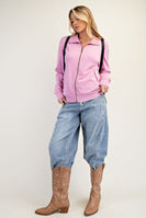 Easel Solid Color Stone Washed Zip Up Jacket in Bubble Gum