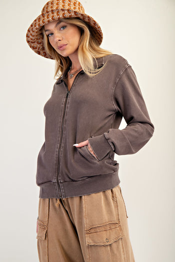 Easel Solid Color Stone Washed Zip Up Jacket in Chocolate