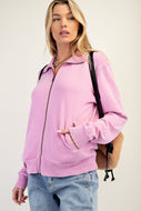 Easel Solid Color Stone Washed Zip Up Jacket in Bubble Gum