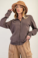 Easel Solid Color Stone Washed Zip Up Jacket in Chocolate