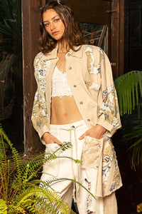 POL OVERSIZED Twill Jacket with Lace and Floral Print Details in Natural