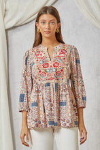 Load image into Gallery viewer, Savanna Jane Embroidery Baby Doll Top in Denim Taupe 3/4 sleeves Shirts &amp; Tops Savanna Jane   
