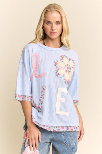 Davi & Dani LOVE Letter Patchwork Top in Light Blue