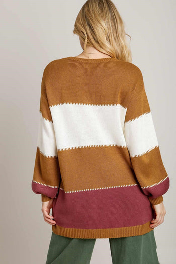 Umgee Color Block Tunic Dress Sweater in Camel