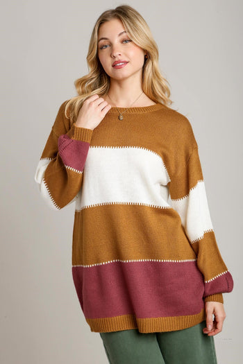 Umgee Color Block Tunic Dress Sweater in Camel