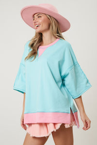 Peach Love Color Contrast Oversized Shirt in Blue/Pink Shirts & Tops Peach Love California   