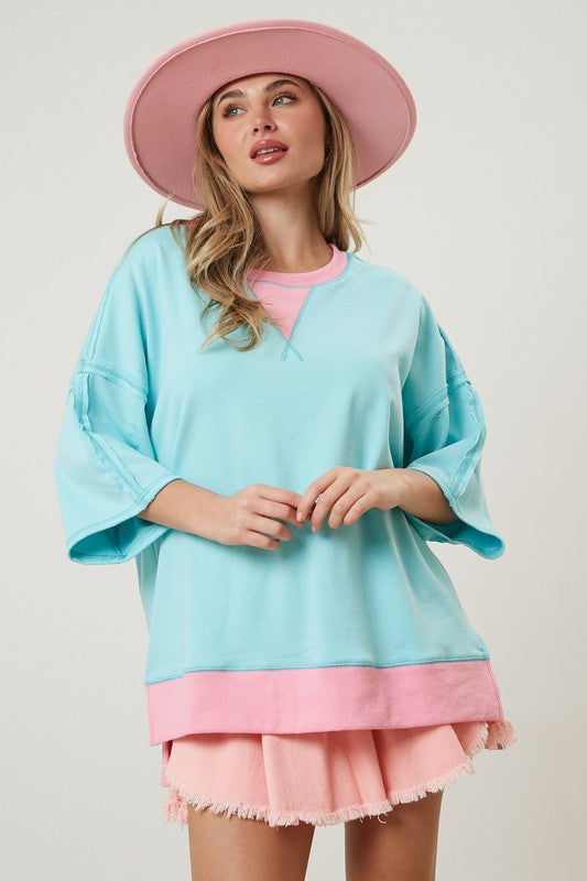 Peach Love Color Contrast Oversized Shirt in Blue/Pink Shirts & Tops Peach Love California   
