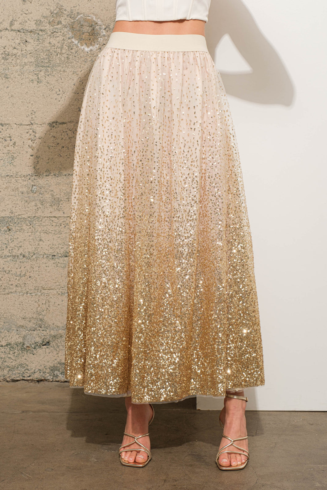 Blue B Gradient Sequin Tulle Maxi Skirt in Gold