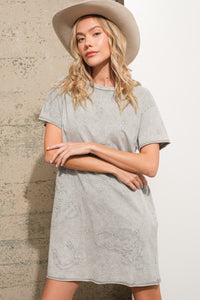 Blue B Solid Color T Shirt Dress with Western Embroidery in Grey