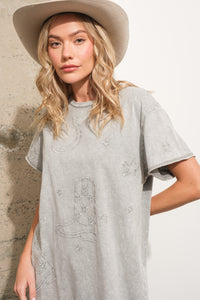Blue B Solid Color T Shirt Dress with Western Embroidery in Grey