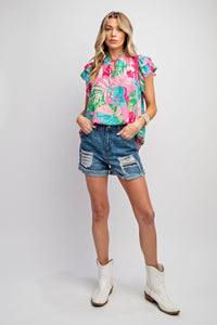 Easel Peach Blossom Printed Top in Bubble Gum Shirts & Tops Easel   