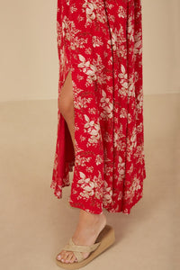 Hayden Floral Print Maxi Dress with Front Slit in Red Dresses Hayden   
