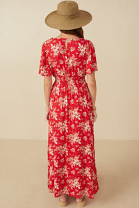 Hayden Floral Print Maxi Dress with Front Slit in Red Dresses Hayden   