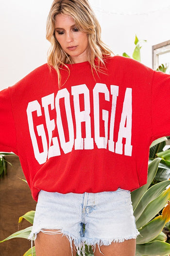 BucketList Oversized Ribbed GEORGIA Print Top in Georgia Red