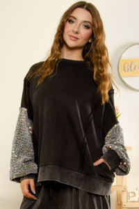 BlueVelvet Oversized Top with Contrasting Sleeves in Black-Charcoal ON ORDER