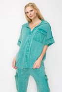 J.Her Mineral Washed Collared Shirt in Jade Cream Shirts & Tops J.Her   