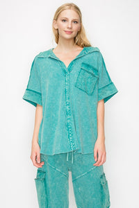 J.Her Mineral Washed Collared Shirt in Jade Cream Shirts & Tops J.Her   