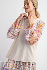 Easel Mineral Washed Top with Contrasting Print Sleeves in Khaki Shirts & Tops Easel   