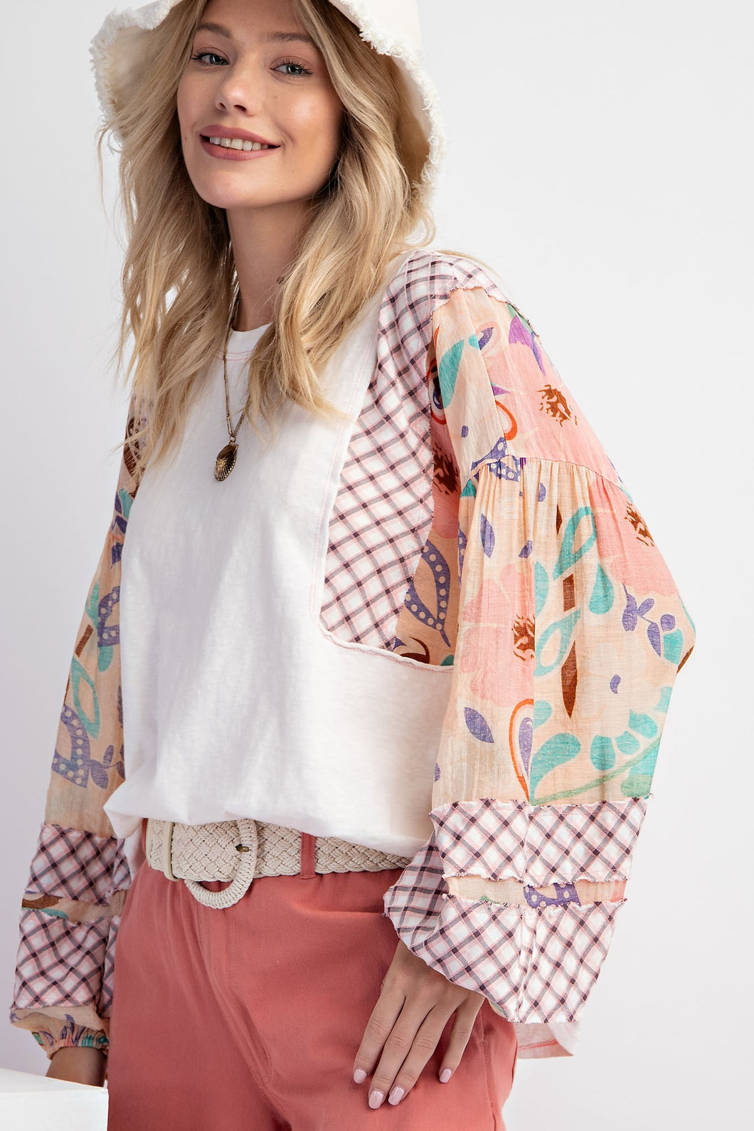 Easel Mineral Washed Top with Contrasting Print Sleeves in White Shirts & Tops Easel   