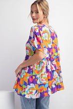 Load image into Gallery viewer, Easel Floral Print Baby Doll Top in Purple Orange Shirts &amp; Tops Easel   
