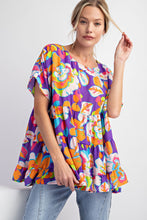 Load image into Gallery viewer, Easel Floral Print Baby Doll Top in Purple Orange Shirts &amp; Tops Easel   
