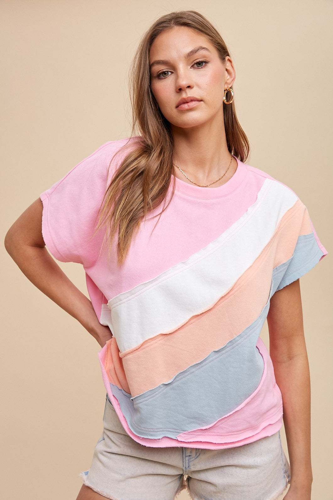 AnnieWear Asymmetrical Color Block Top in Candy Pink Combo Shirts & Tops AnnieWear   