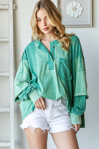 Oli & Hali Solid Color Mixed Knit and Waffle Top in Jade ON ORDER Shirts & Tops Oli & Hali   