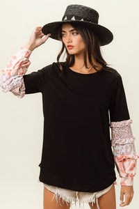 BiBi French Terry Top with Color Block Multi Fabric Sleeves in Black Shirts & Tops BiBi   