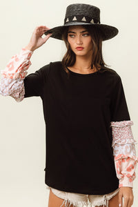 BiBi French Terry Top with Color Block Multi Fabric Sleeves in Black Shirts & Tops BiBi   