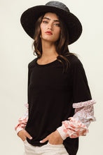 Load image into Gallery viewer, BiBi French Terry Top with Color Block Multi Fabric Sleeves in Black Shirts &amp; Tops BiBi   
