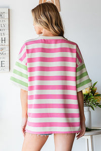First Love Striped Color Block Cotton Top in Pink Multi