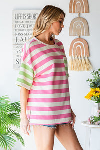 First Love Striped Color Block Cotton Top in Pink Multi