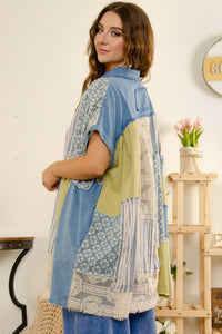 BlueVelvet Multi Printed Fabric Button Down Poncho Top in Blue Combo ON ORDER Shirts & Tops BlueVelvet   