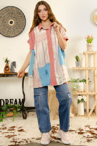 BlueVelvet Multi Printed Fabric Button Down Poncho Top in Pink Combo Shirts & Tops BlueVelvet   