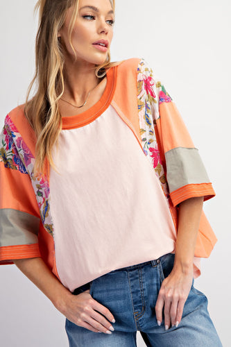 Easel Mixed Print Color Block Top in Coral Blush Shirts & Tops Easel   