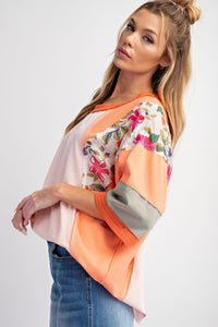 Easel Mixed Print Color Block Top in Coral Blush Shirts & Tops Easel   