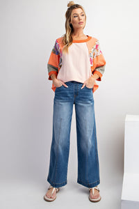 Easel Mixed Print Color Block Top in Coral Blush Shirts & Tops Easel   