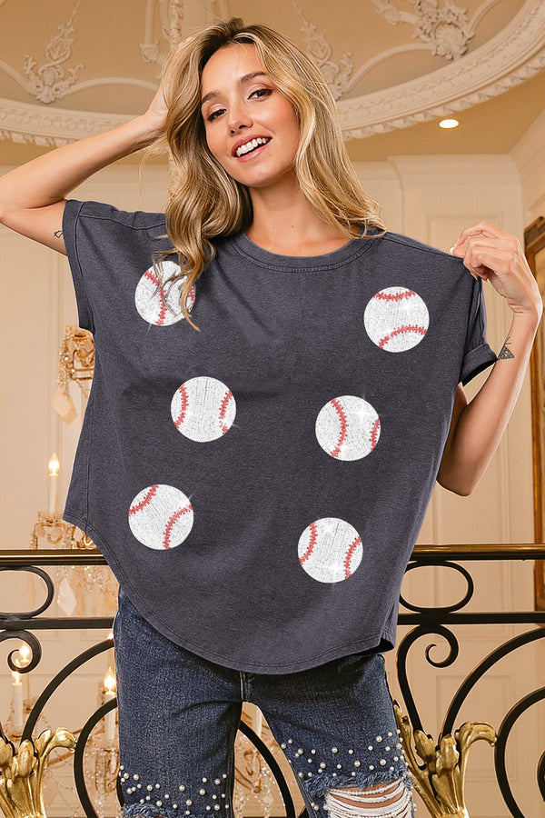 BiBi Mineral Washed Top with Sequin Baseball Patches in Deep Navy Shirts & Tops BiBi   
