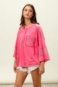 BiBi Solid Color Jersey Knit and Gauze Top in Fuchsia Shirts & Tops BiBi   