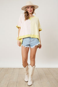 Peach Love Mixed Color Striped Oversized Top in Pink/Yellow Shirts & Tops Peach Love California   