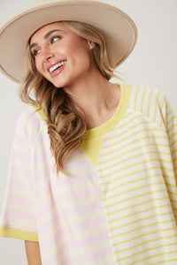 Peach Love Mixed Color Striped Oversized Top in Pink/Yellow Shirts & Tops Peach Love California   